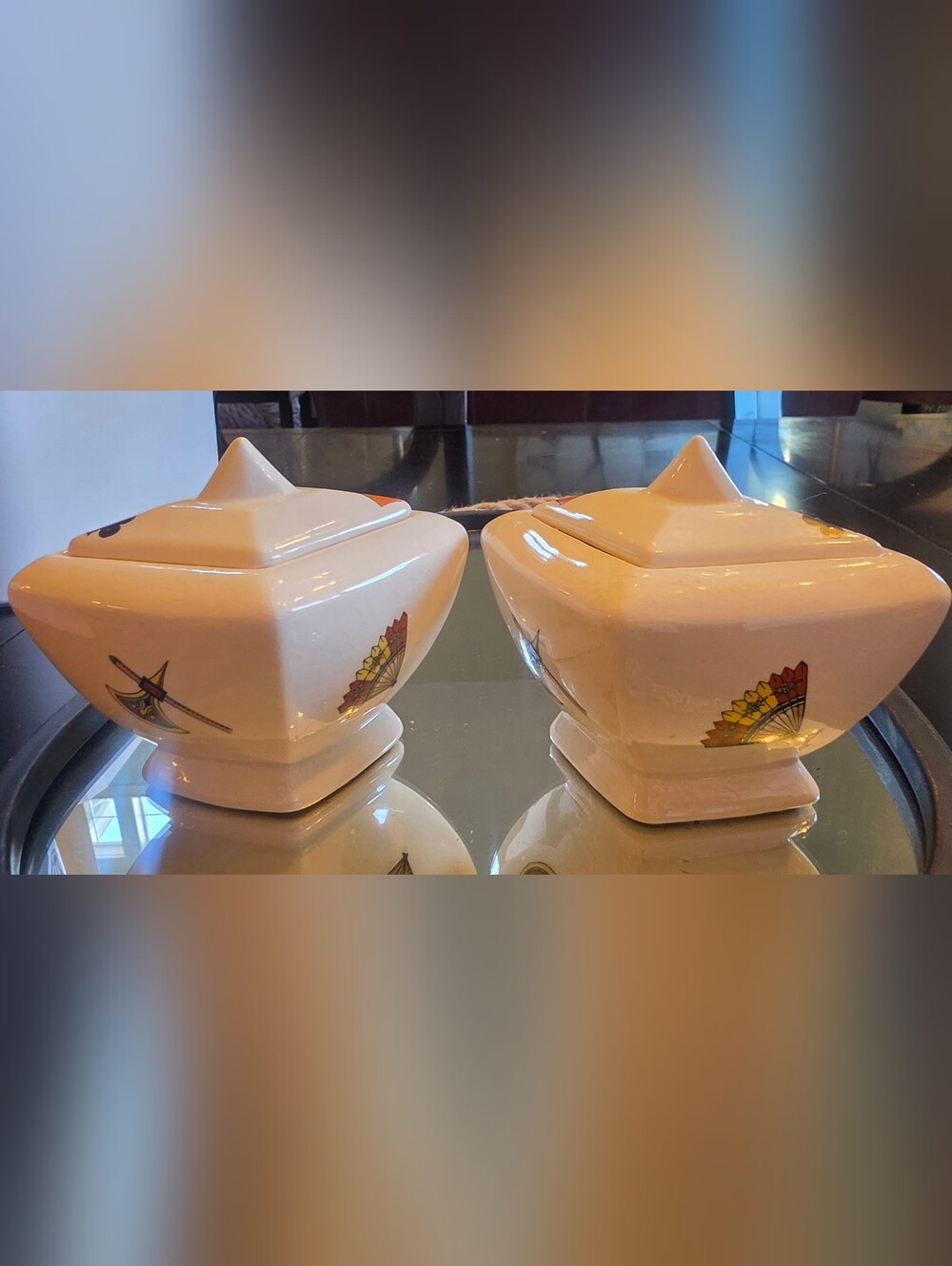 Set of vintage 1940s-1950s Art Deco covered sugar bowls in the "Casino" pattern.